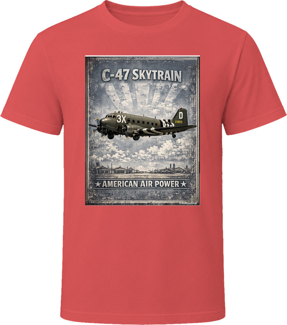 Red T-shirt with distressed C-47 Skytrain WW2 cargo plane artwork and American Air Power lettering.