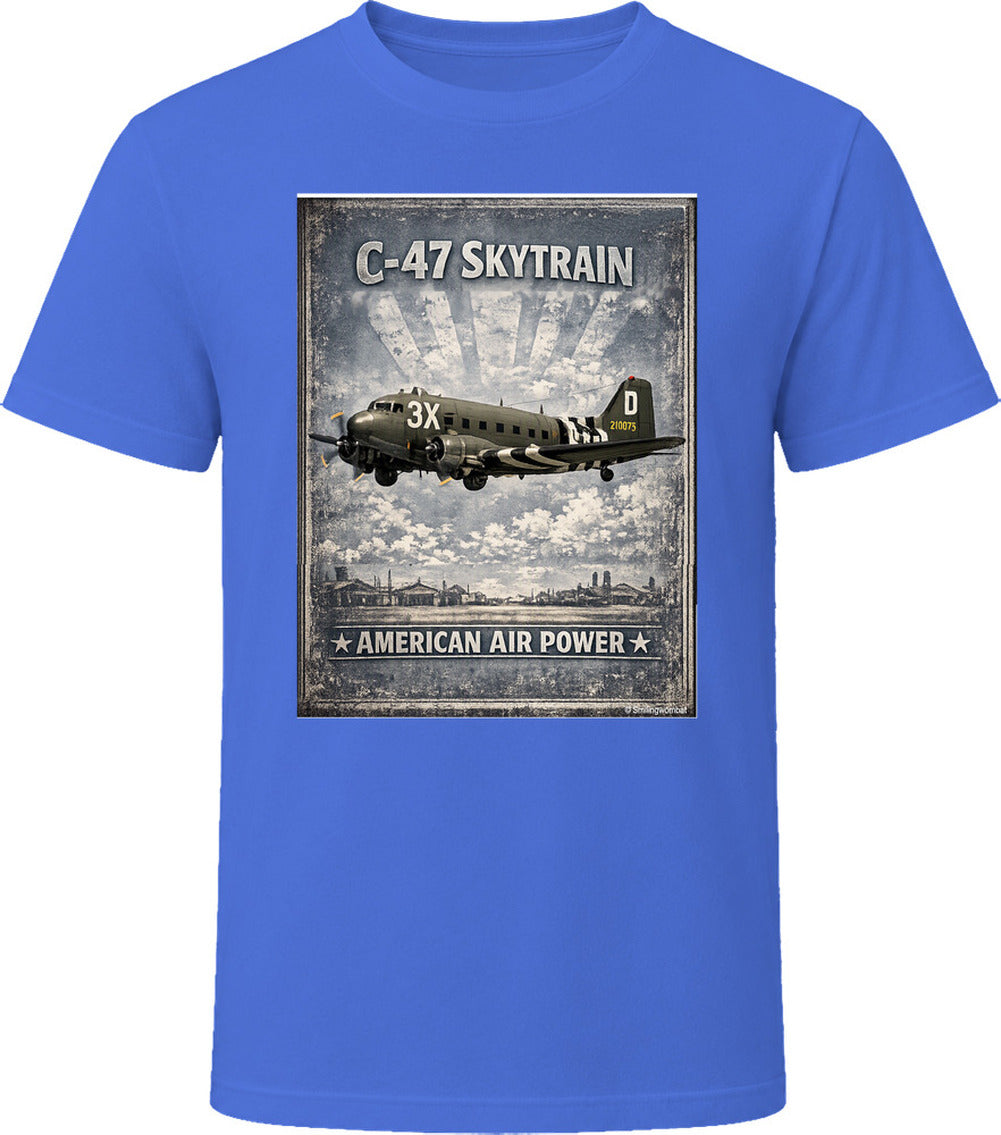 Royal blue T-shirt with distressed C-47 Skytrain WW2 cargo plane artwork and American Air Power lettering.