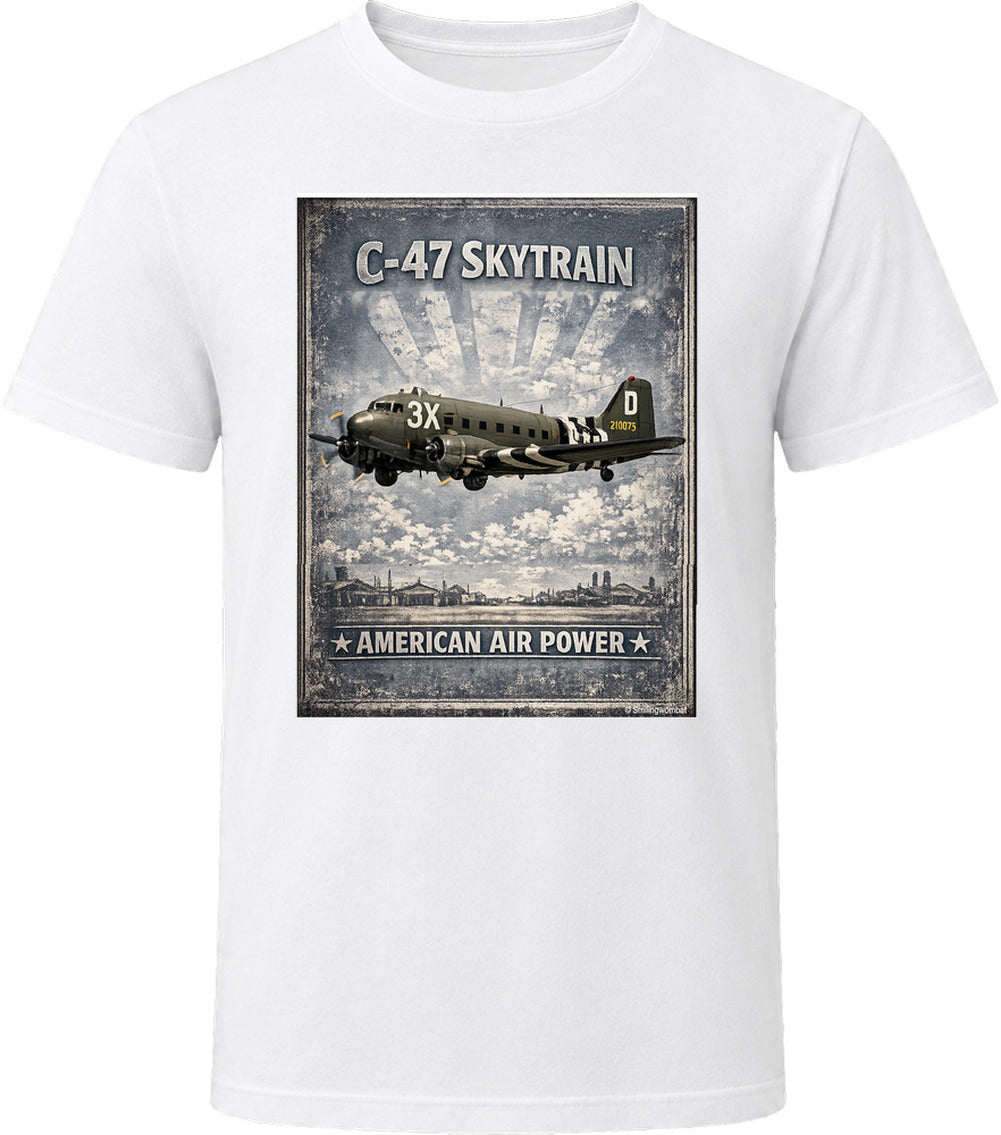 White T-shirt with distressed C-47 Skytrain WW2 cargo plane artwork and American Air Power lettering.