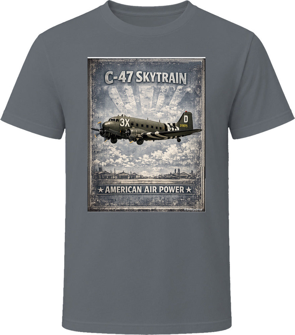 Charcoal grey T-shirt with distressed C-47 Skytrain WW2 cargo plane artwork and American Air Power lettering.