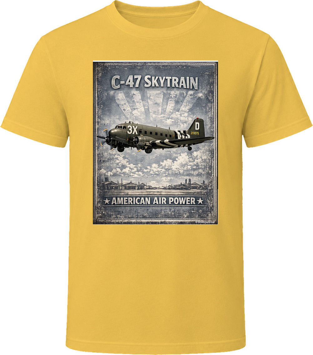 Daisy T-shirt with distressed C-47 Skytrain WW2 cargo plane artwork and American Air Power lettering.