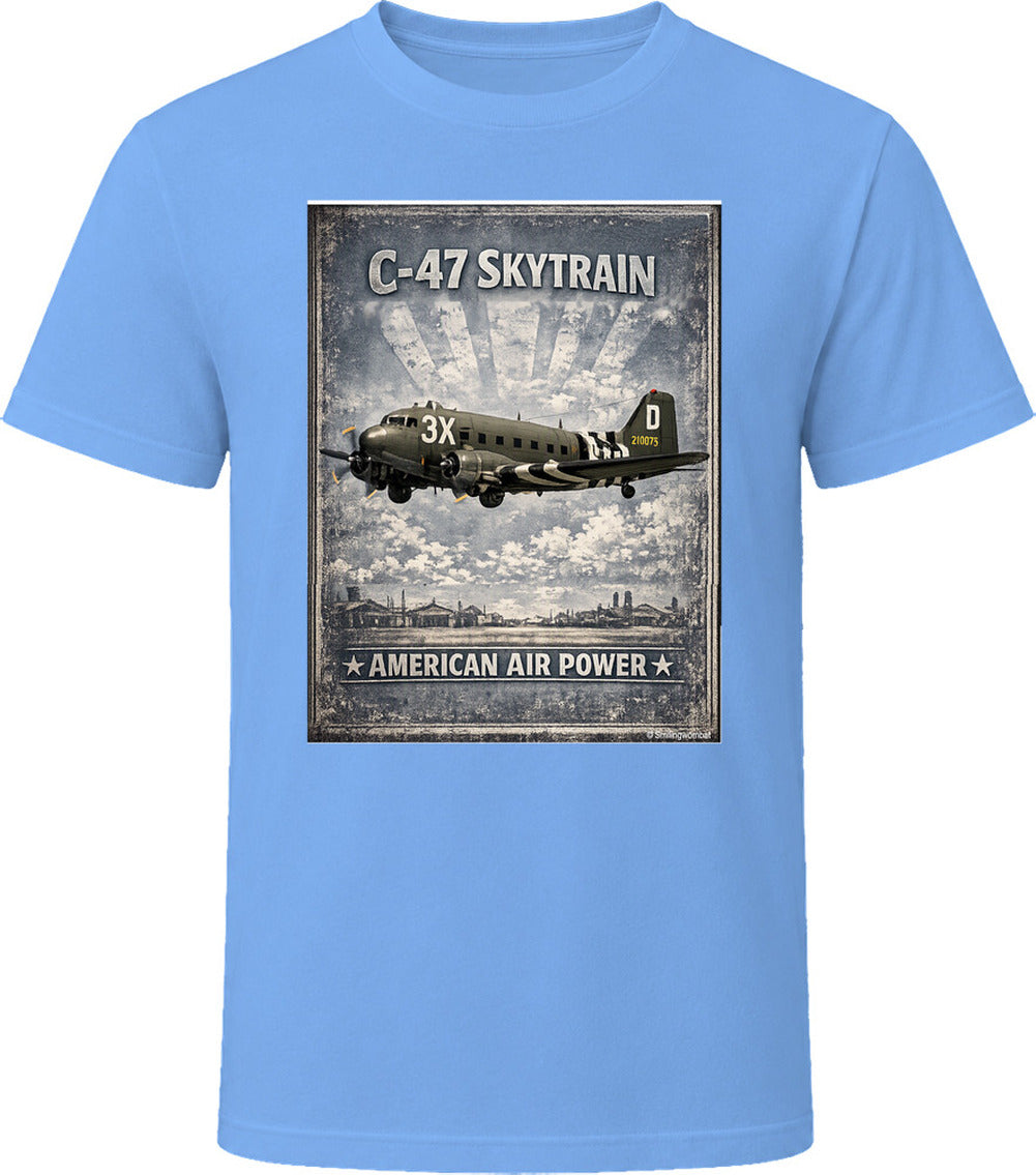 Light blue T-shirt with distressed C-47 Skytrain WW2 cargo plane artwork and American Air Power lettering.