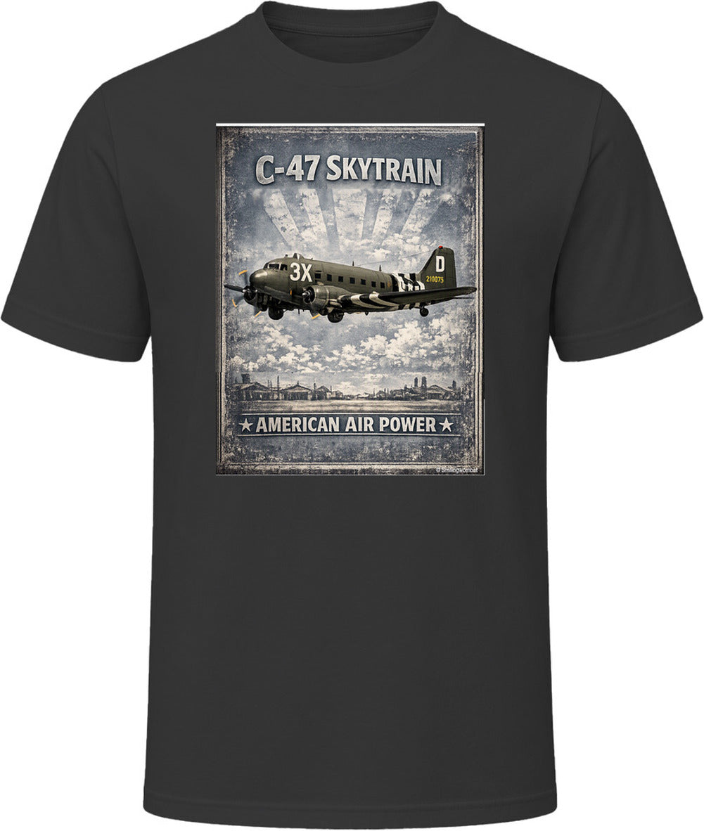 Black T-shirt with distressed C-47 Skytrain WW2 cargo plane artwork and American Air Power lettering.