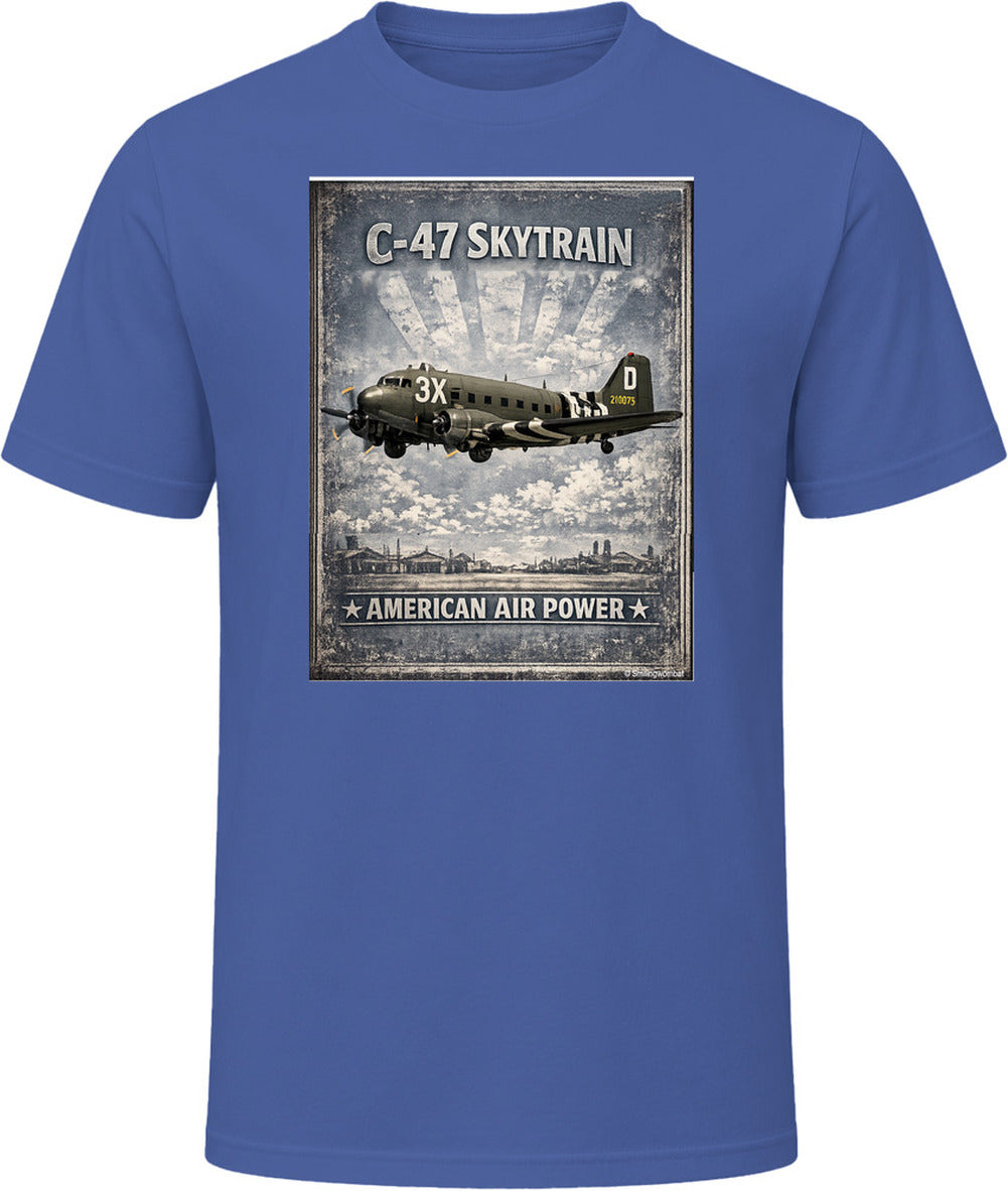 Navy T-shirt with distressed C-47 Skytrain WW2 cargo plane artwork and American Air Power lettering.