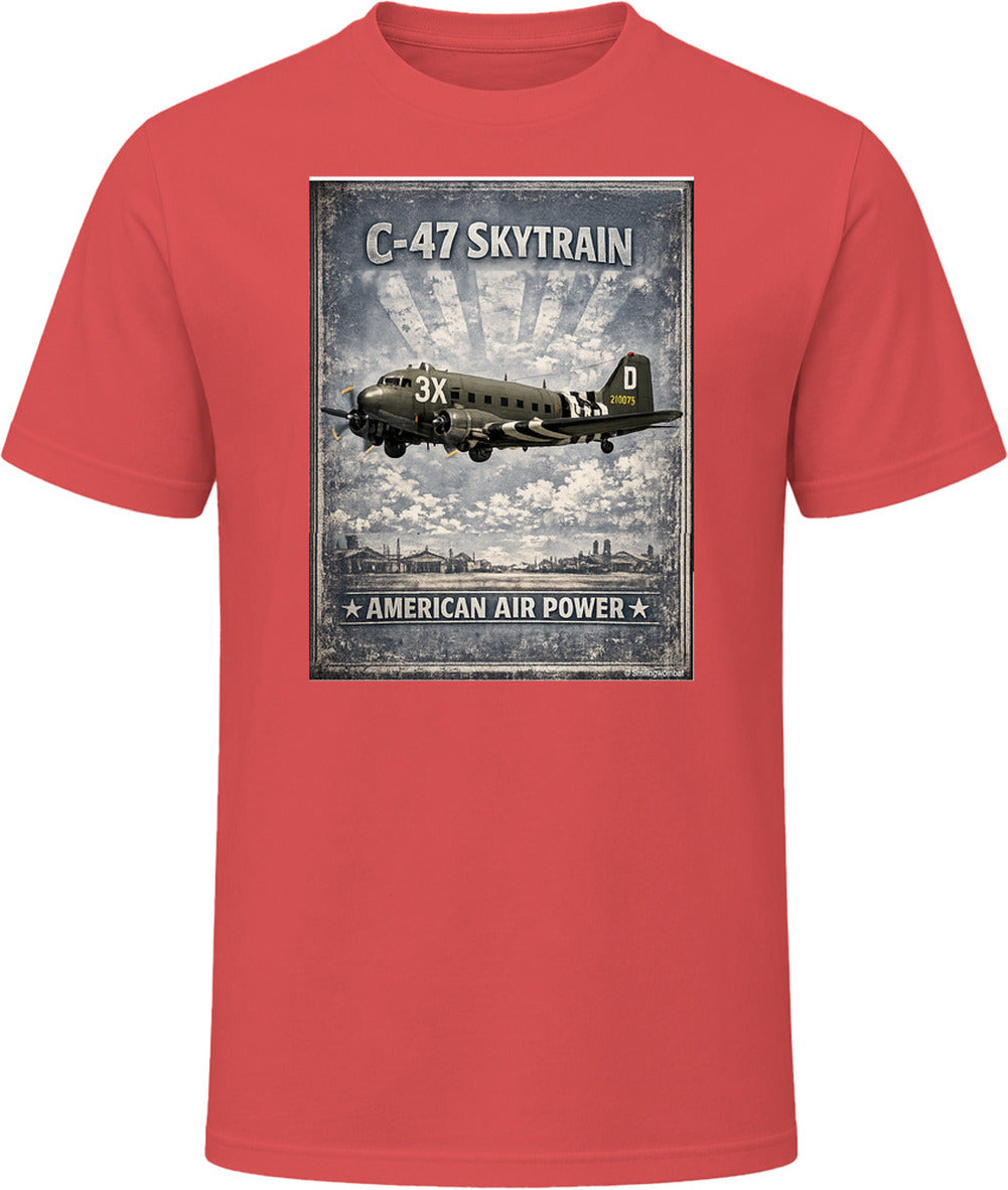 Red T-shirt with distressed C-47 Skytrain WW2 cargo plane artwork and American Air Power lettering.
