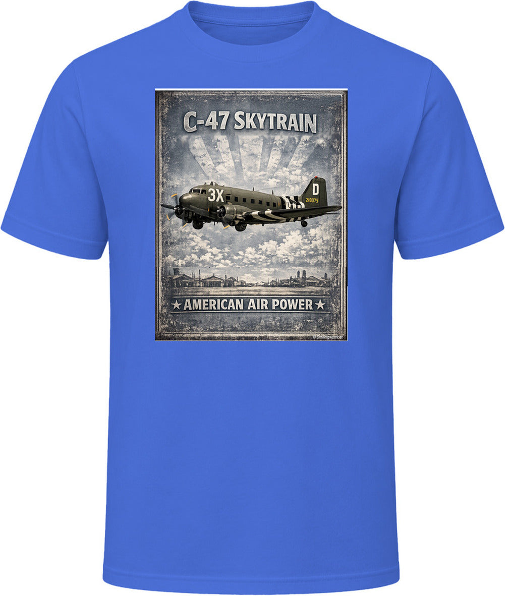 Royal blue T-shirt with distressed C-47 Skytrain WW2 cargo plane artwork and American Air Power lettering.