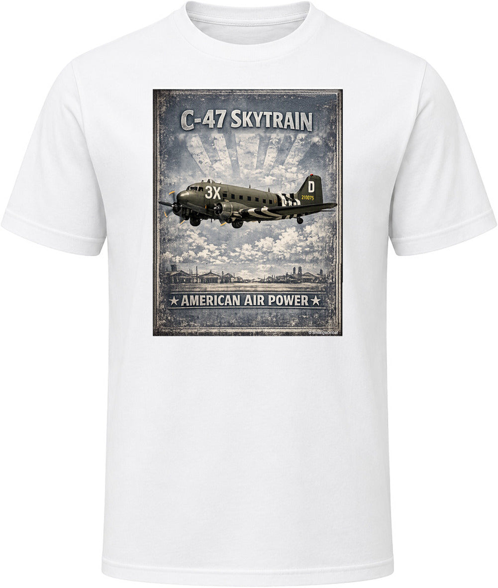 White T-shirt with distressed C-47 Skytrain WW2 cargo plane artwork and American Air Power lettering.
