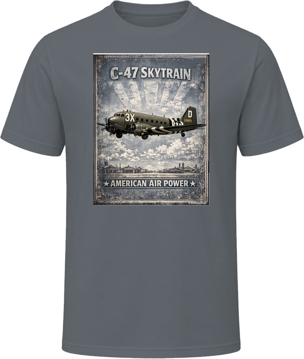 Charcoal grey T-shirt with distressed C-47 Skytrain WW2 cargo plane artwork and American Air Power lettering.