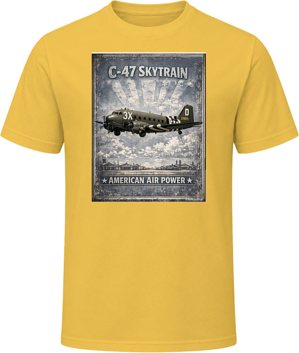 Daisy T-shirt with distressed C-47 Skytrain WW2 cargo plane artwork and American Air Power lettering.