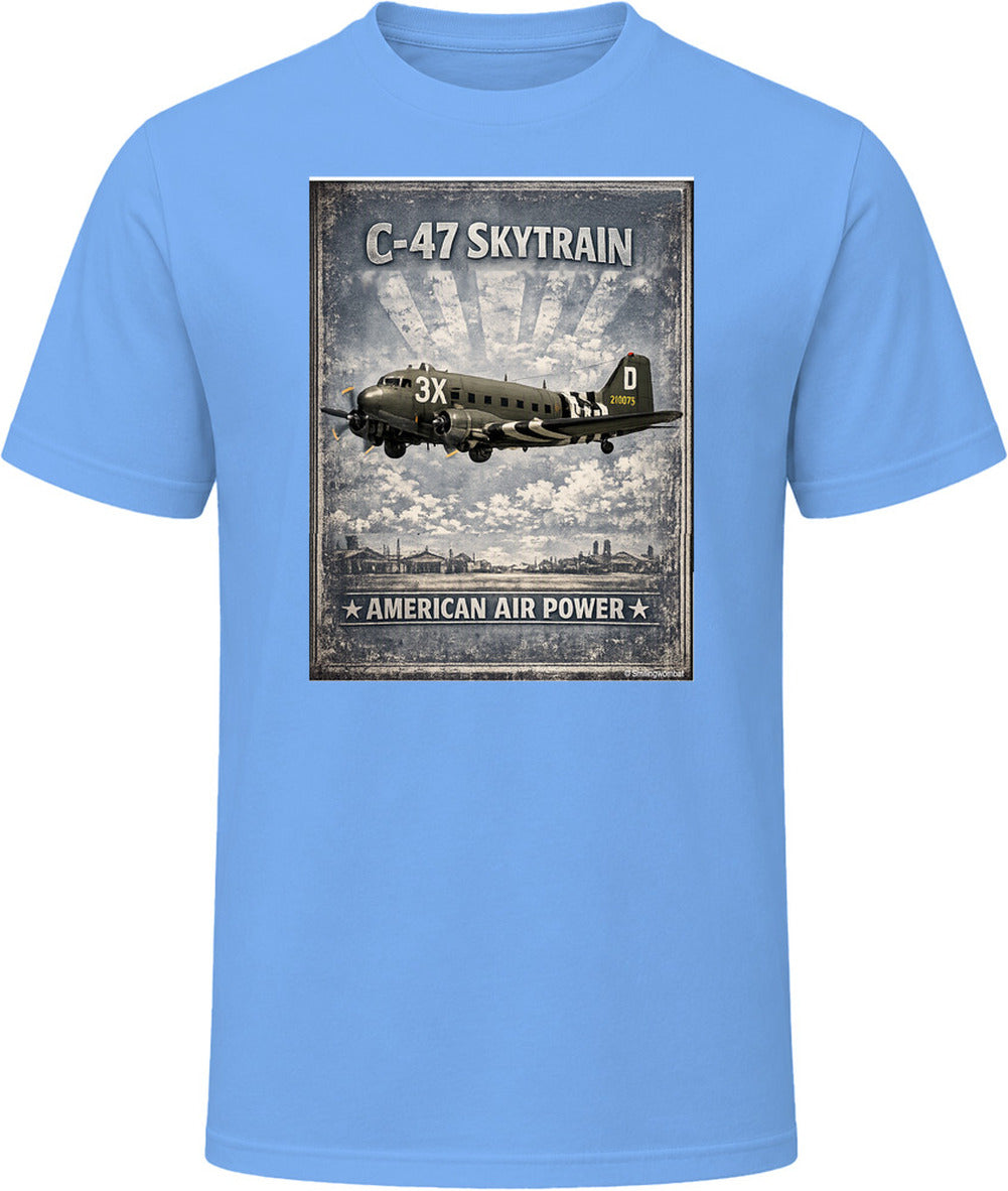 Light blue T-shirt with distressed C-47 Skytrain WW2 cargo plane artwork and American Air Power lettering.