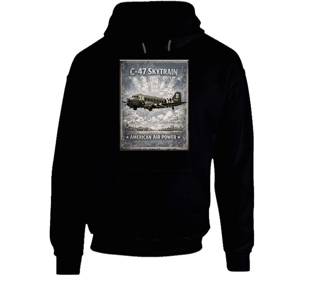 Black hoodie with distressed C-47 Skytrain WW2 cargo plane artwork and American Air Power lettering.