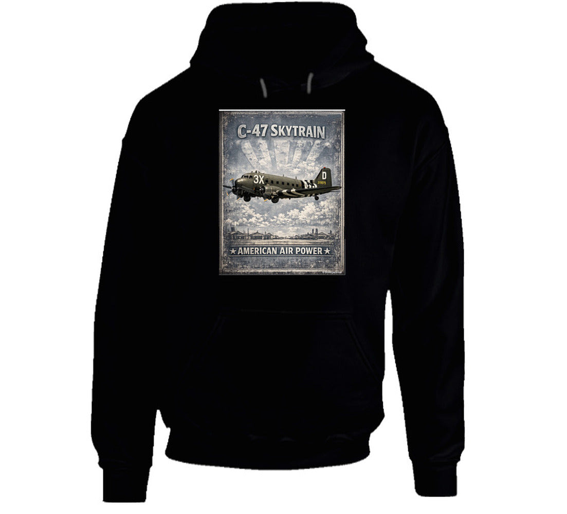 Black hoodie with distressed C-47 Skytrain WW2 cargo plane artwork and American Air Power lettering.