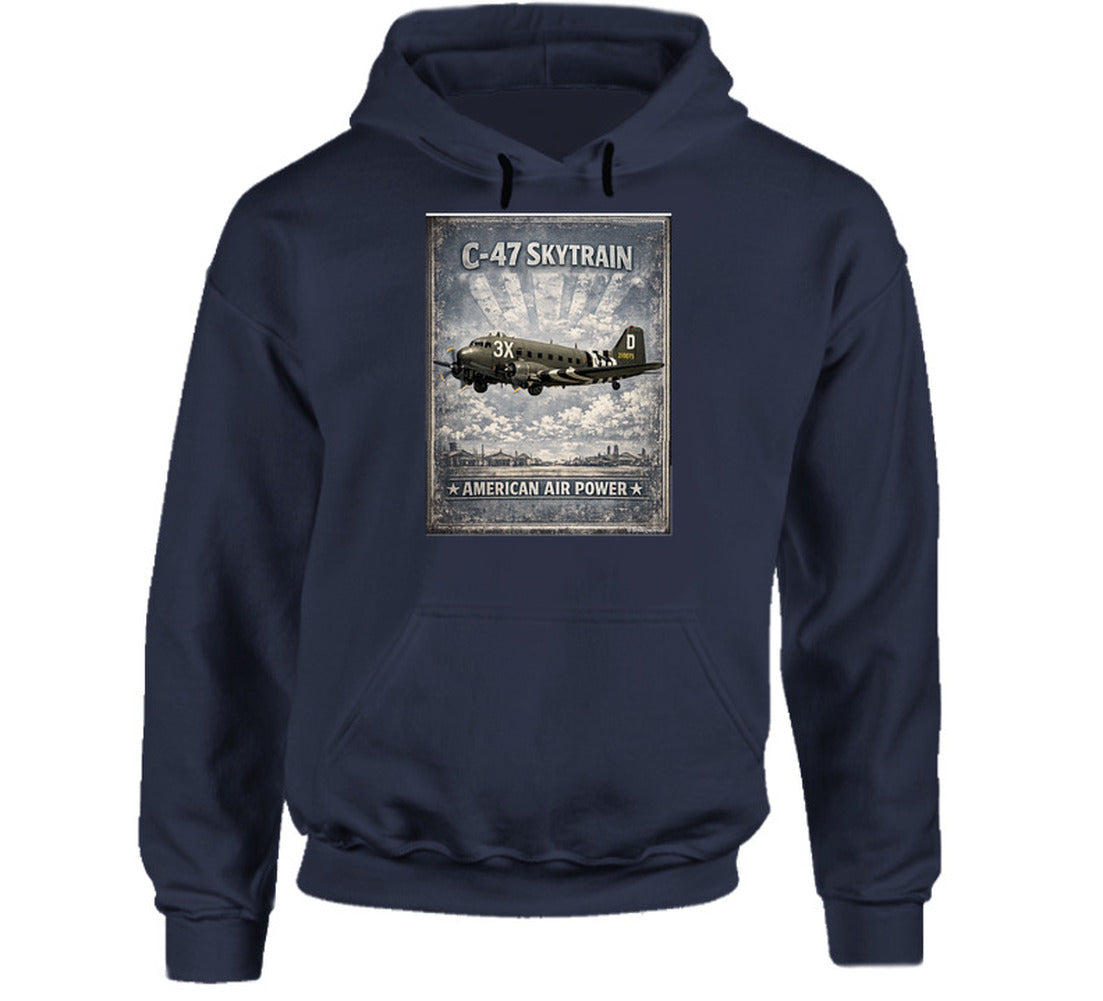 Navy hoodie with distressed C-47 Skytrain WW2 cargo plane artwork and American Air Power lettering.