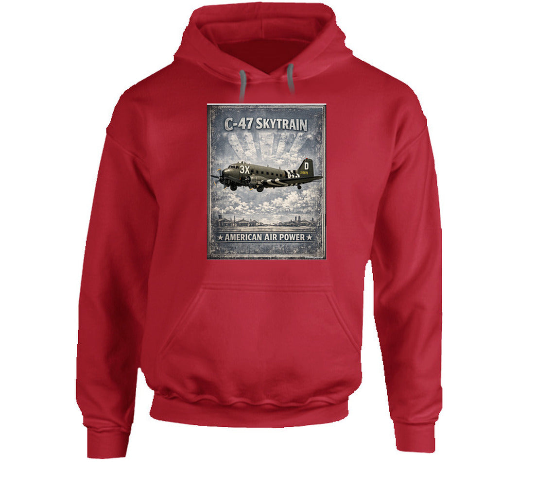 Red hoodie with distressed C-47 Skytrain WW2 cargo plane artwork and American Air Power lettering.