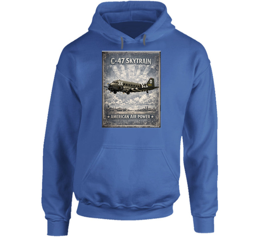Royal blue hoodie with distressed C-47 Skytrain WW2 cargo plane artwork and American Air Power lettering.
