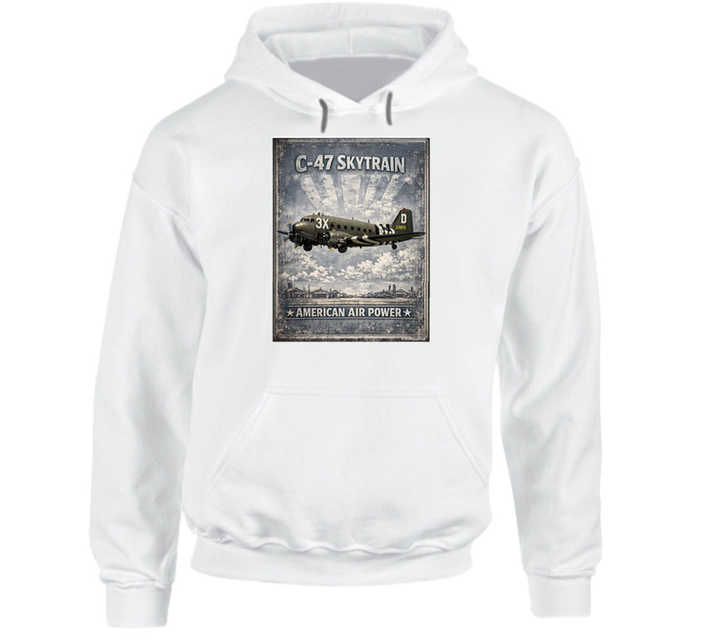 White hoodie with distressed C-47 Skytrain WW2 cargo plane artwork and American Air Power lettering.