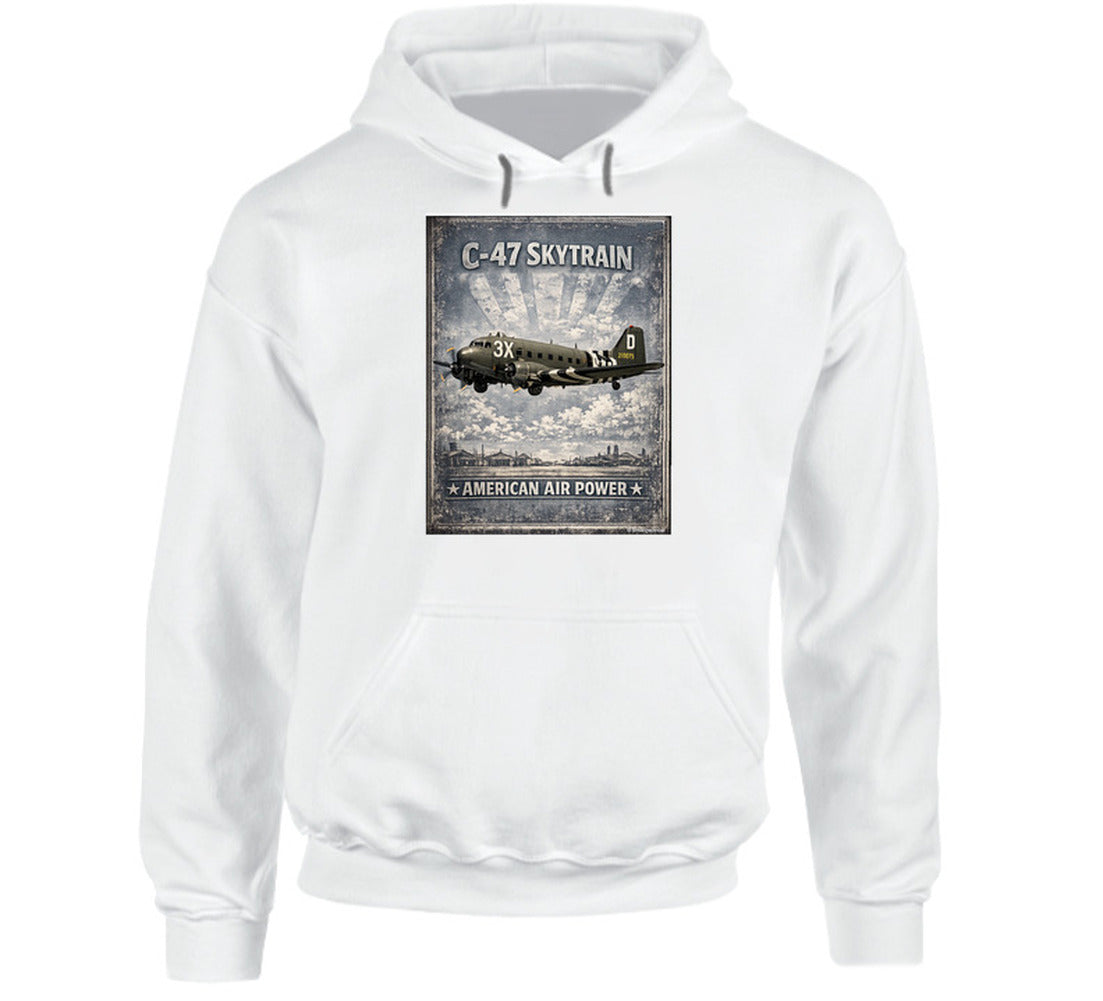 White hoodie with distressed C-47 Skytrain WW2 cargo plane artwork and American Air Power lettering.