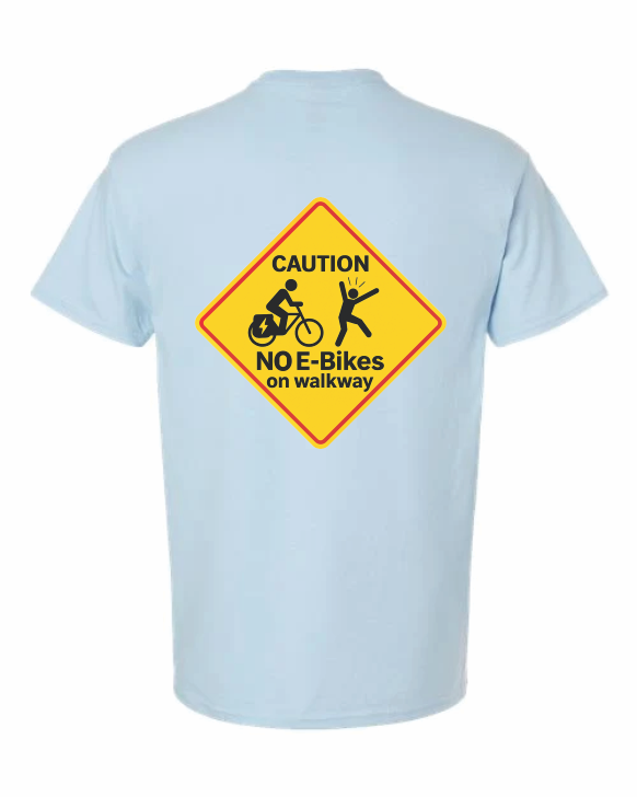 - “Electric bike ban sign shirt with startled walker”
