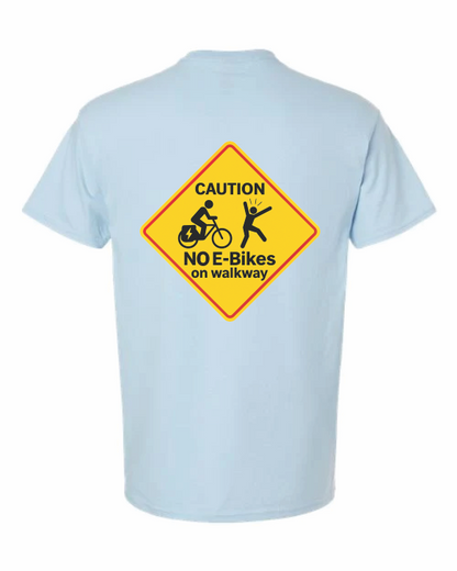- “Electric bike ban sign shirt with startled walker”
