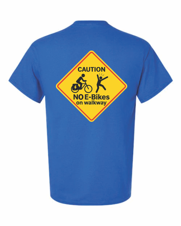 - “Electric bike ban sign shirt with startled walker”
