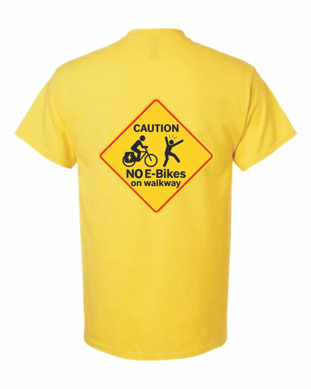 - “Electric bike ban sign shirt with startled walker”
