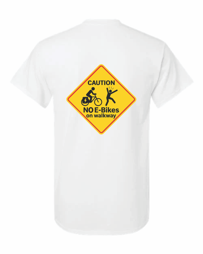 - “Electric bike ban sign shirt with startled walker”
