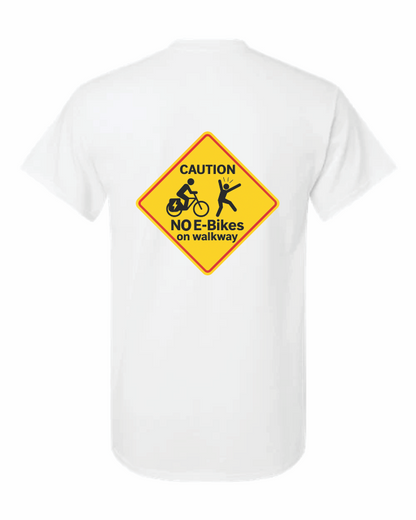 - “Electric bike ban sign shirt with startled walker”
