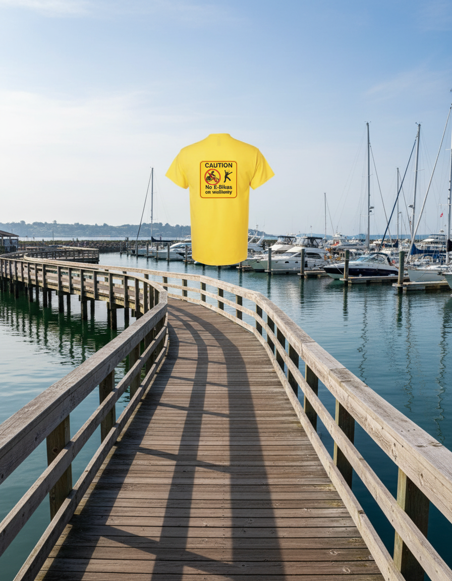  “No E-Bikes on walkway caution sign T-shirt”
