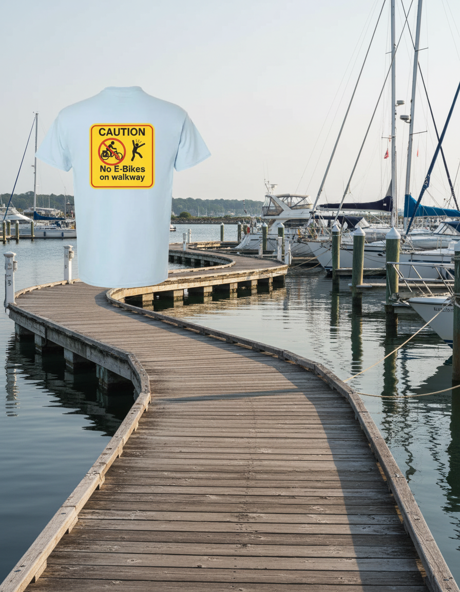 “No E-Bikes on walkway caution sign T-shirt”
