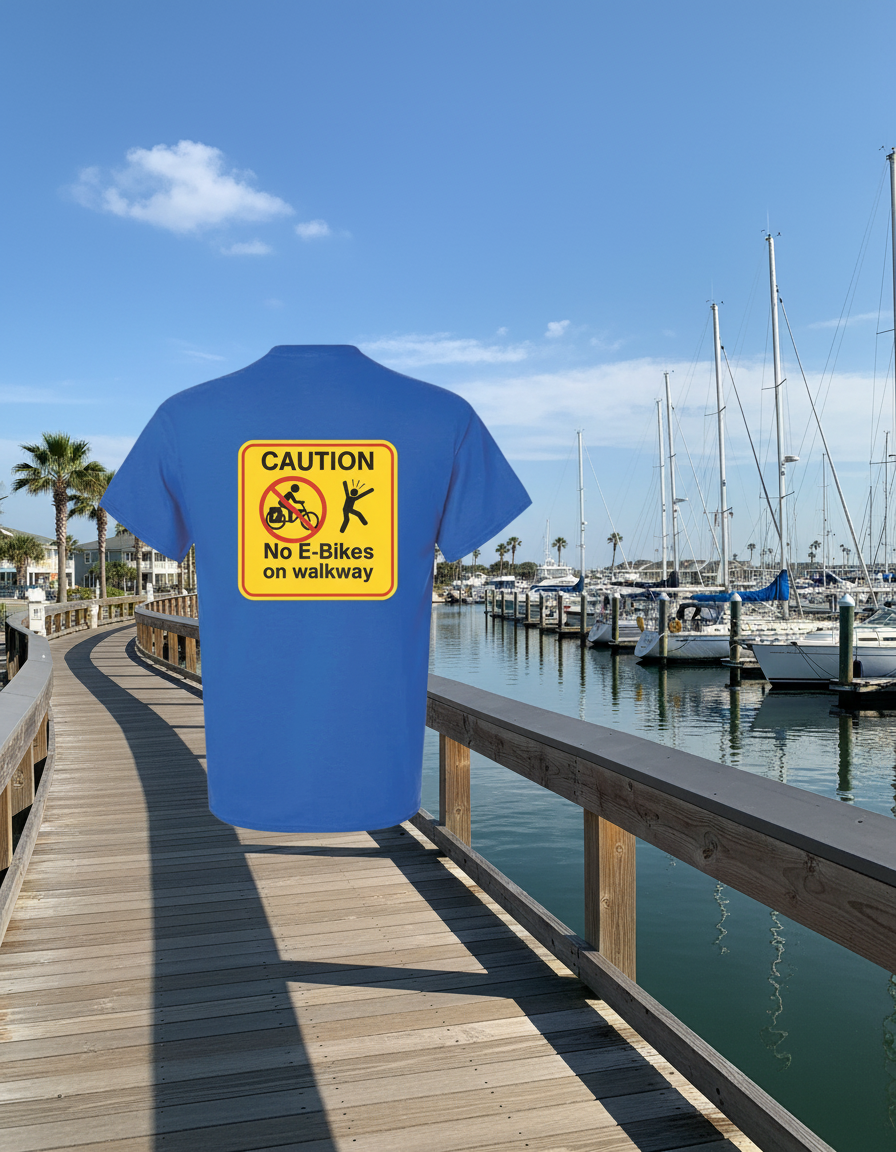  “No E-Bikes on walkway caution sign T-shirt”

