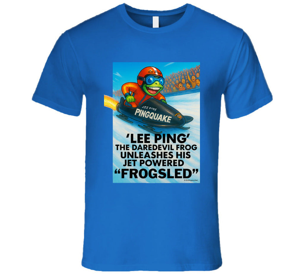 Blue t-shirt with a graphic of a frog on a jet-powered sled and text.