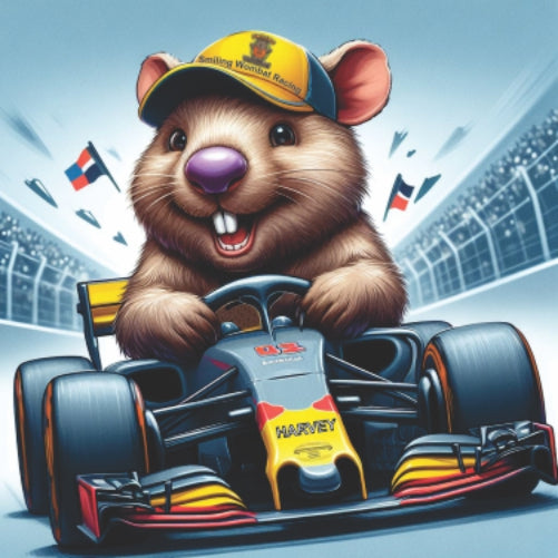 Harvey the Smiling Wombat driving his race car
