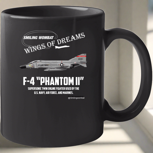 Mcdonnell F4 Phantom II - Black Ceramic Coffee Mug - Smiling Wombat