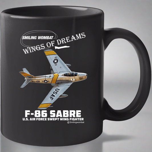 F86 Sabre Jet-Coffee Mug - Black - Smiling Wombat