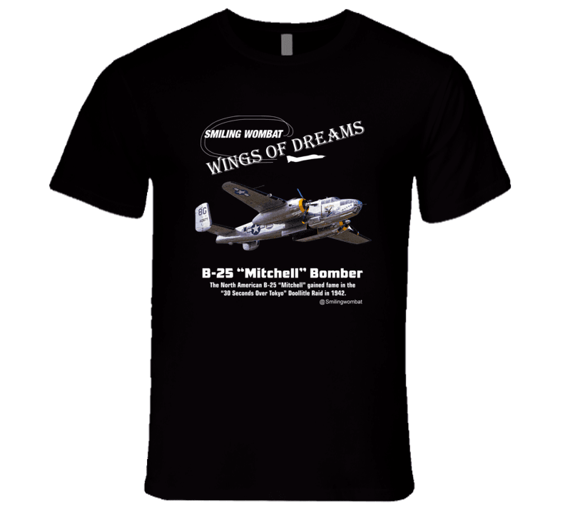North American B25 Mitchell Bomber - Black/Navy T Shirt - Smiling Wombat