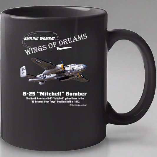North American B25 Mitchell - Black Ceramic Coffee Mug - Smiling Wombat
