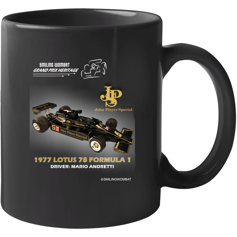 Mario Andretti Lotus 78-Ceramic Coffee Mug Black Mugs Smiling Wombat