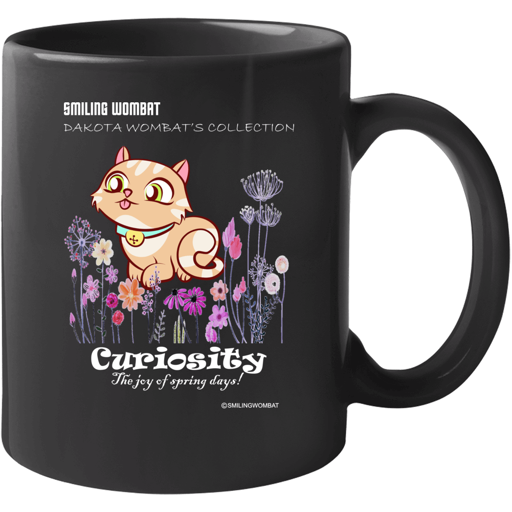 Curious Cat - Ceramic Black Coffee Mug Mugs Smiling Wombat