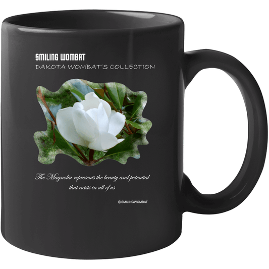 Magnolia Blossom - Black Ceramic Coffee Mug Mugs Smiling Wombat