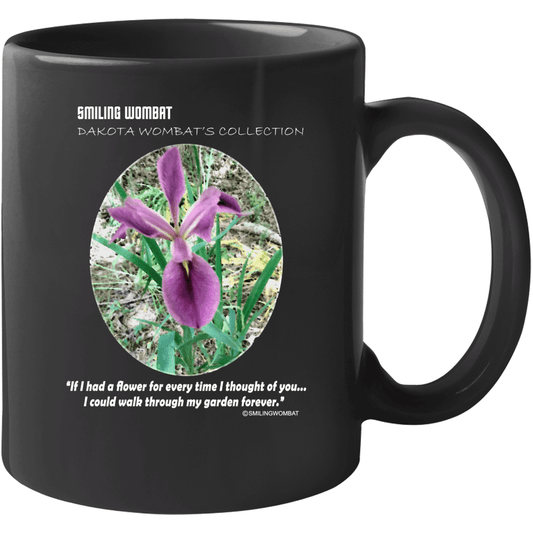 Iris Blossom - Beautiful Iris Flower Black Ceramic Coffee Mug - Smiling Wombat
