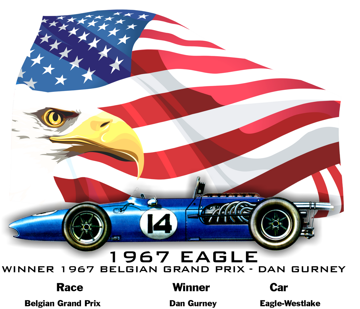 Gurney F1 Eagle-1967 Winner of Spa Grand Prix T-Shirt - Smiling Wombat