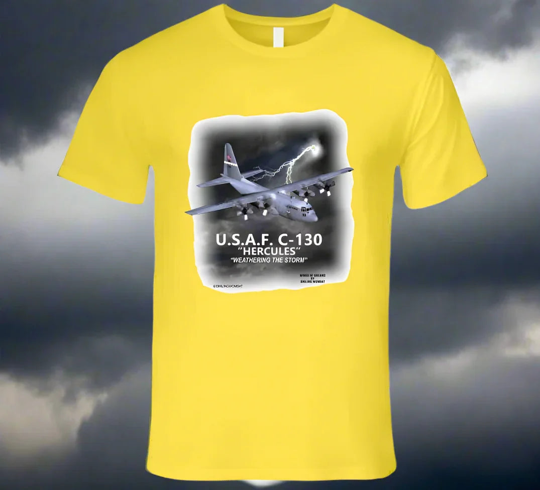 Smiling Wombat exclusive C‑130 Hercules T‑shirt with detailed digital aircraft graphic on premium yellow cotton.