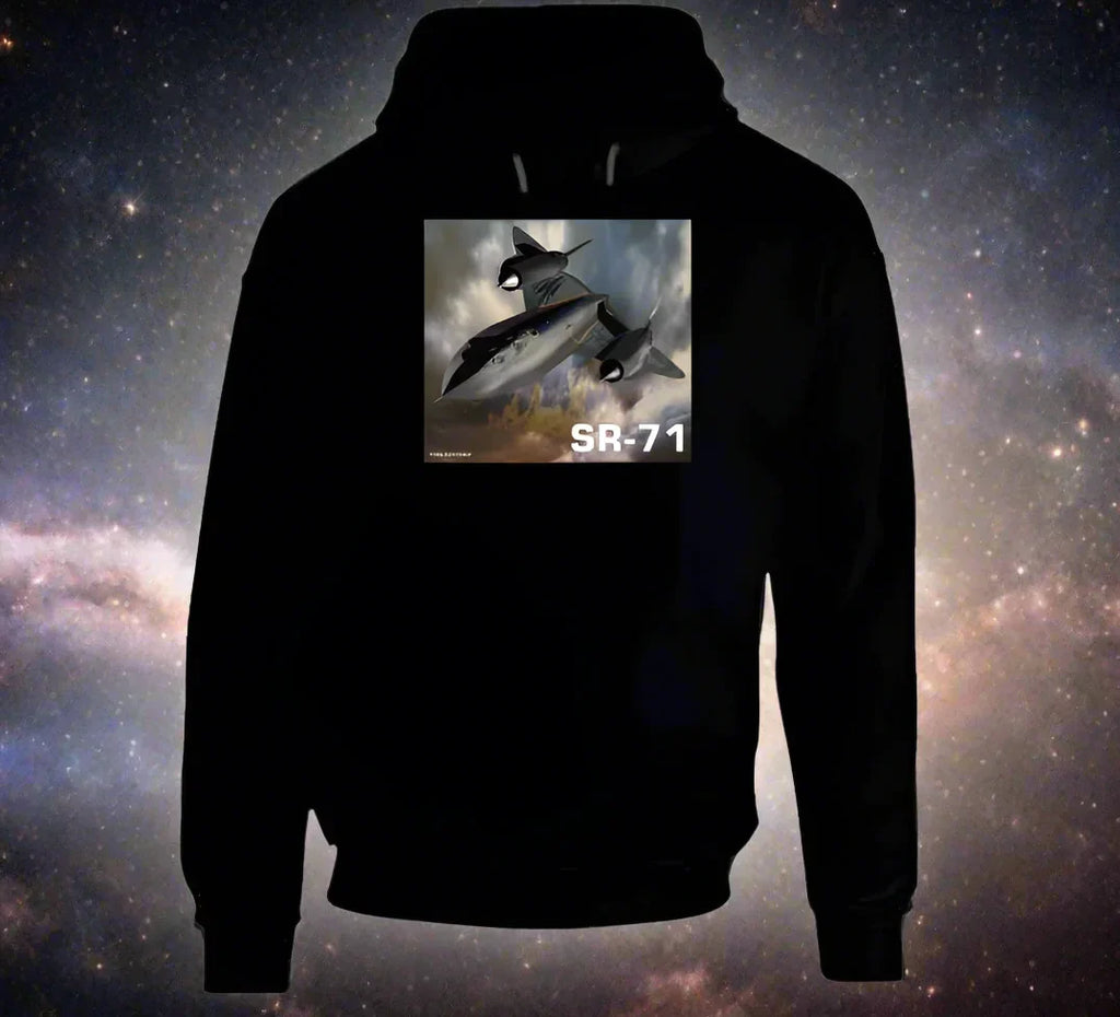 Hoodie: SR-71 Blackbird flying above clouds on warm Smiling Wombat hoodie