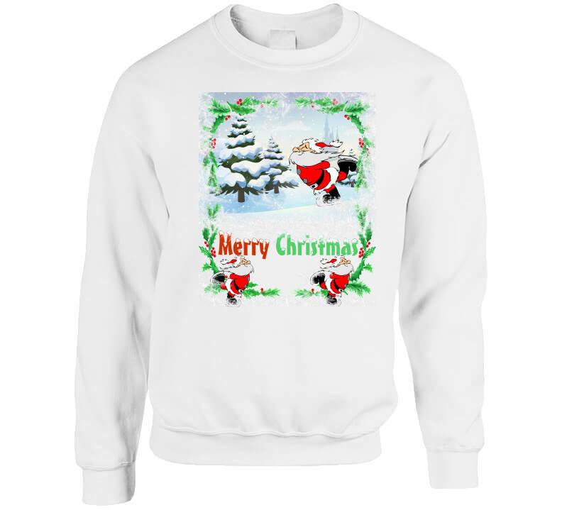 Merry Christmas Skating Santa T-Shirt and Sweatshirt collection - Smiling Wombat