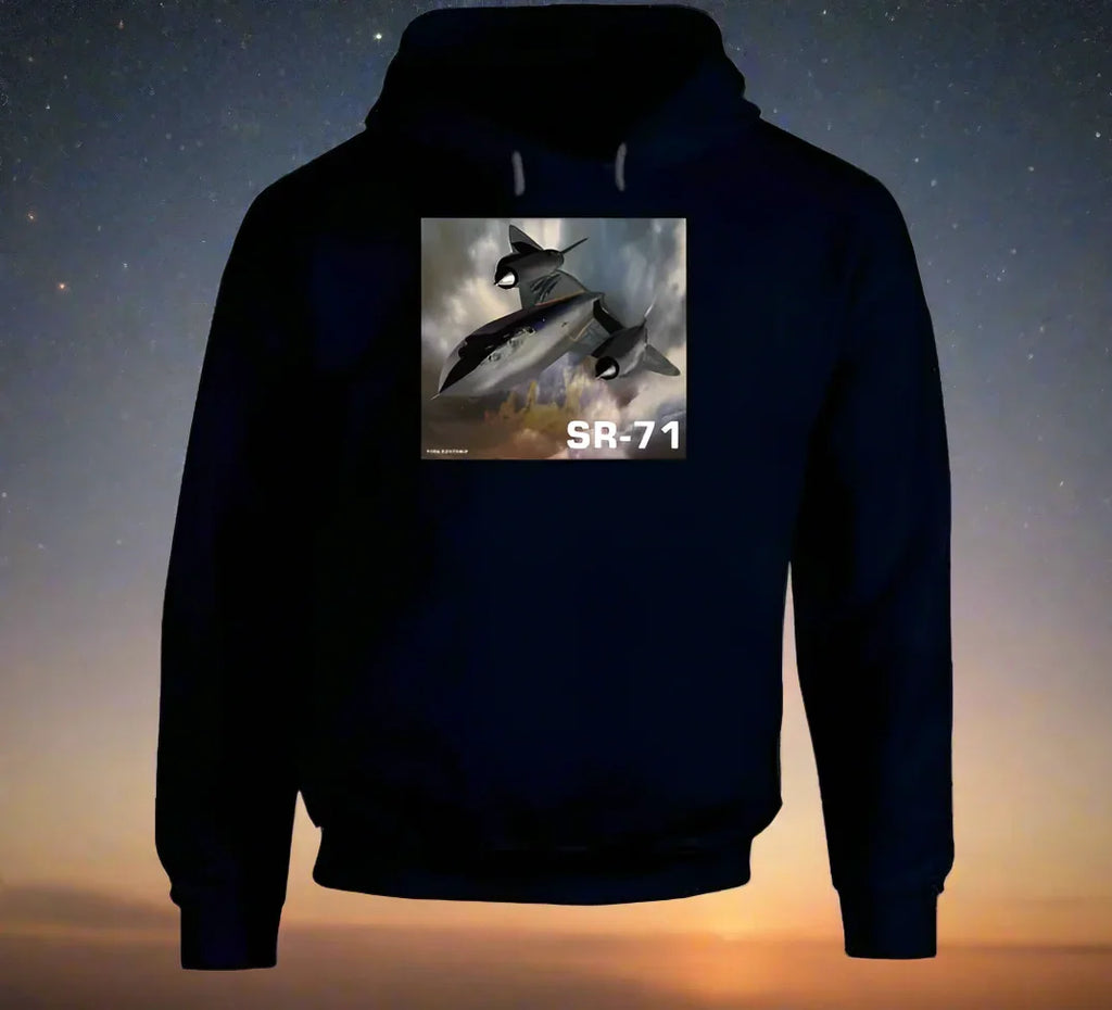 Hoodie: SR-71 Blackbird flying above clouds on warm Smiling Wombat hoodie