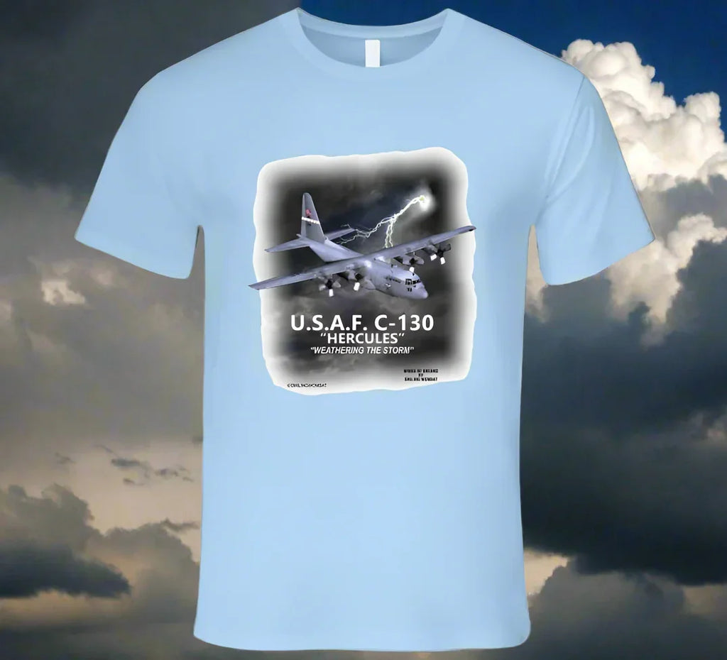 Smiling Wombat exclusive C‑130 Hercules T‑shirt with detailed digital aircraft graphic on premium Lite Blue cotton.