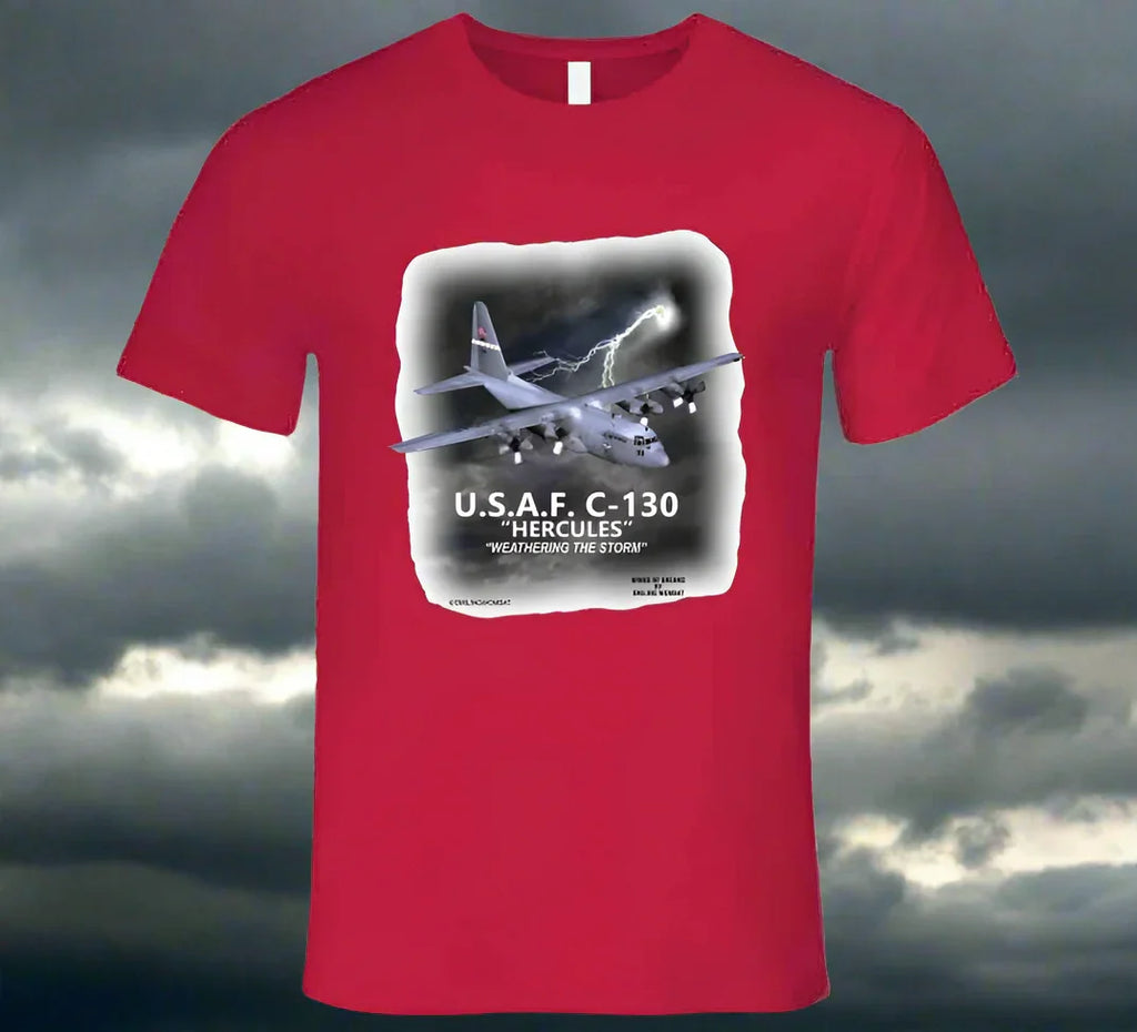 Smiling Wombat exclusive C‑130 Hercules T‑shirt with detailed digital aircraft graphic on premium Red cotton.