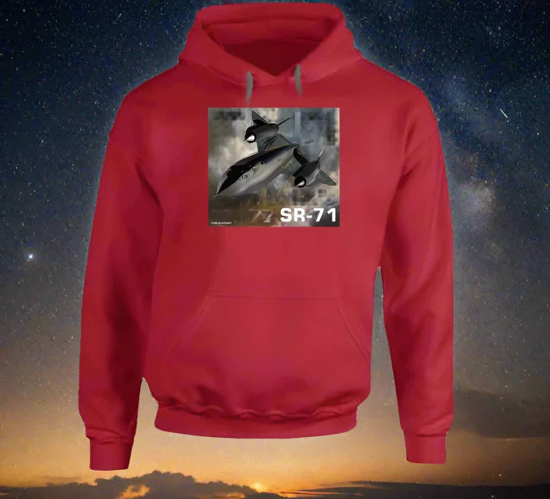 Hoodie: SR-71 Blackbird flying above clouds on warm Smiling Wombat hoodie