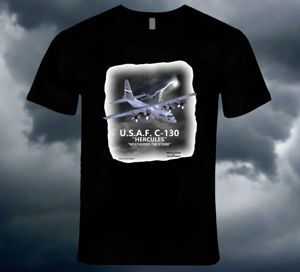 Smiling Wombat exclusive C‑130 Hercules T‑shirt with detailed digital aircraft graphic on premium Black cotton.