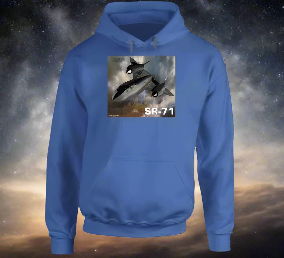 Hoodie: SR-71 Blackbird flying above clouds on warm Smiling Wombat hoodie
